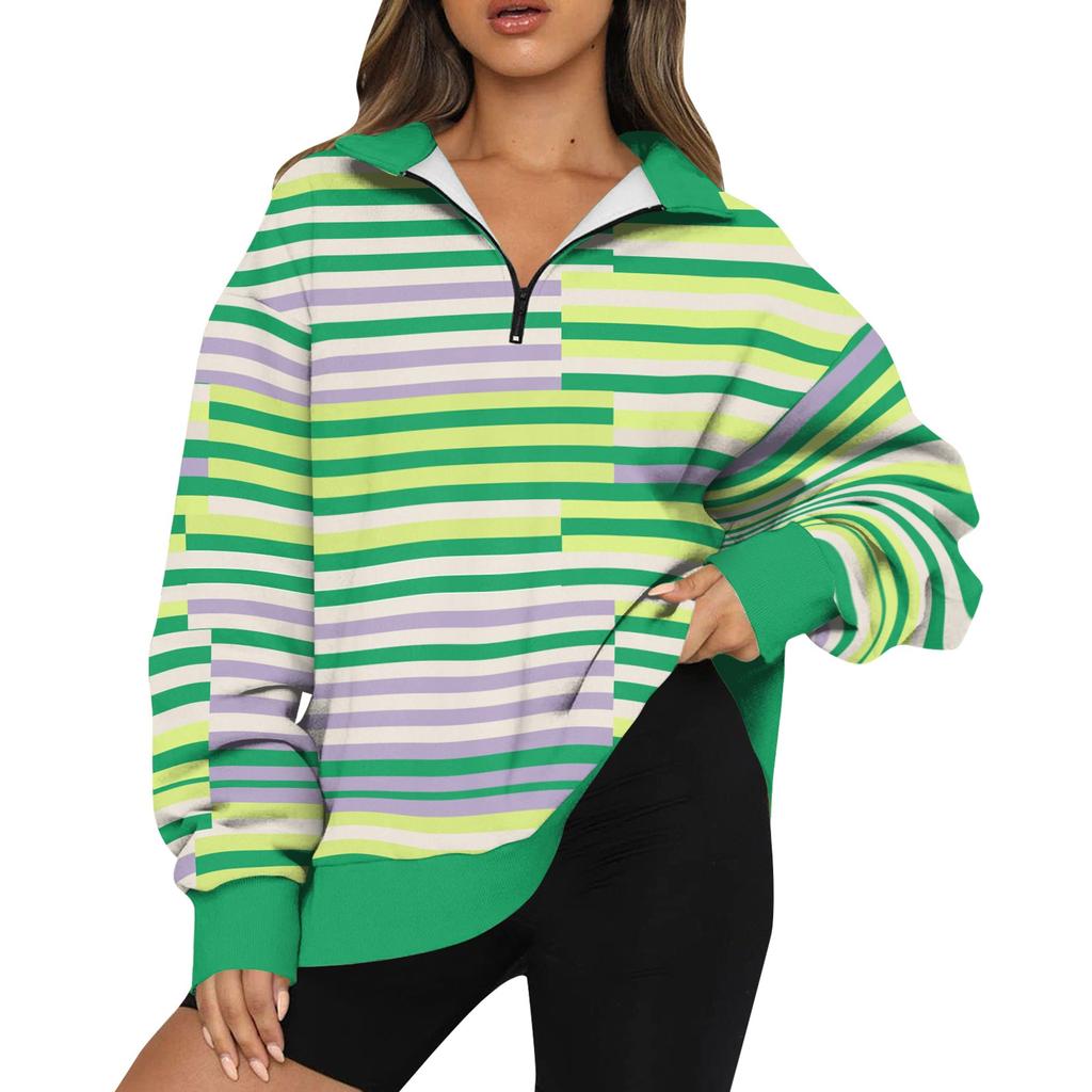 Dámská mikina Módní top mikina s dlouhým rukávem a pruhovaným potiskem do poloviny na zip