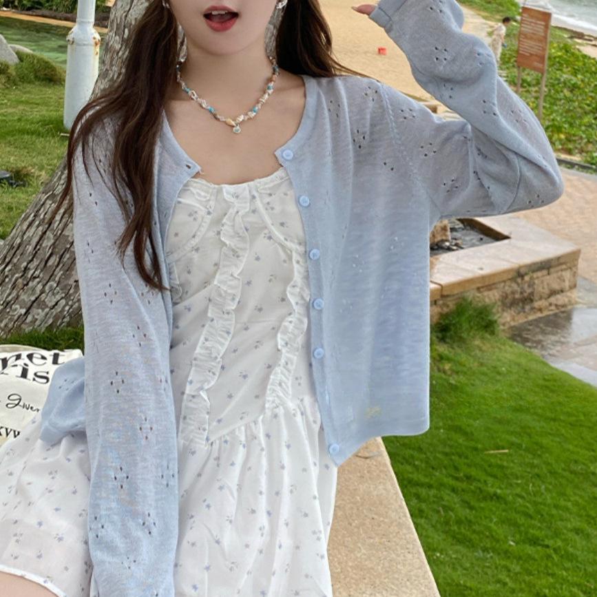 

Женское летнее платье-слинг, верхняя одежда, тонкий вязаный кардиган, ажурная блуза, солнцезащитное пальто L светло-синий