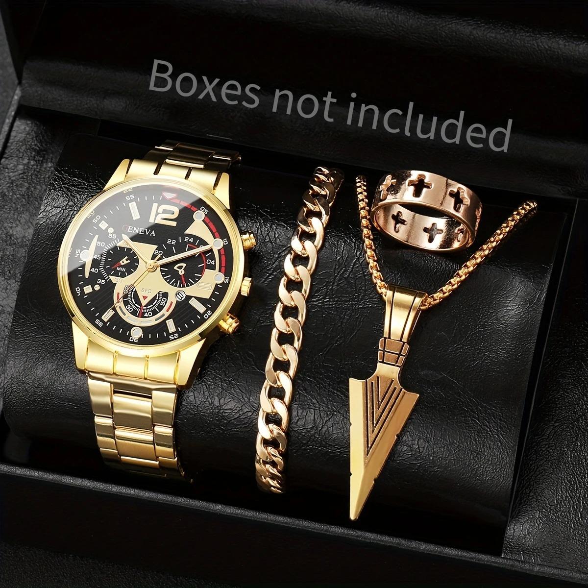 Men s Fashion Stainless Steel with Business Watch Luminous Hand with Calendar Quartz Watch One size fits all золотой