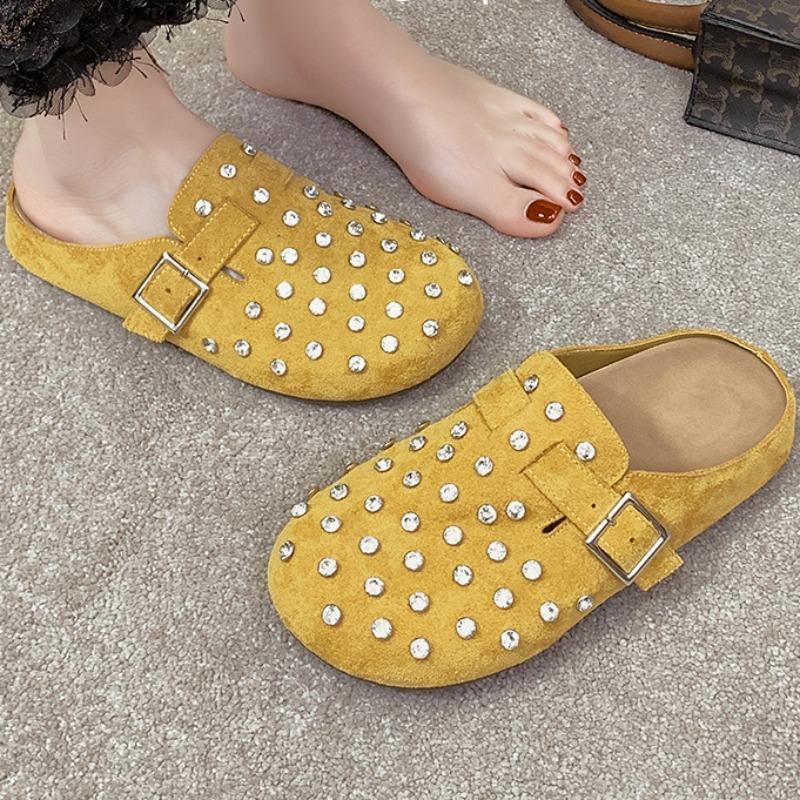 Fashion Flat Shoes Spring New Style Round Head Cow Suede Crystal Rivets Metal Buckle Soft Sole Anti-slip Wear-resistant Slippers