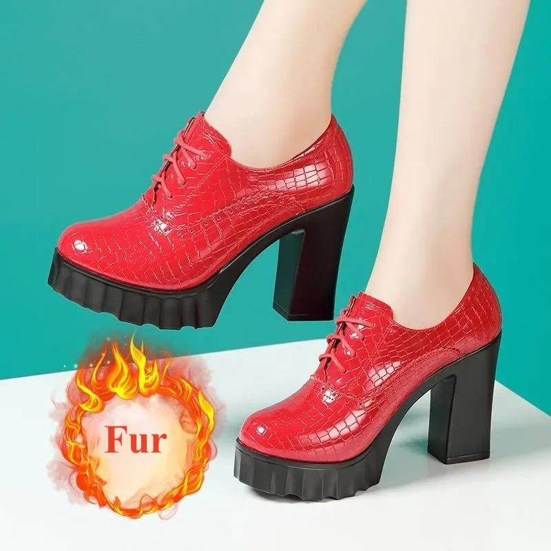 

10см Маленький Размер 32-43 Качественная Натуральная Кожа Оксфорды с Глубоким Вырезом и Мехом 2025 Осень Туфли-Лодочки на Блочном Высоком Каблуке Платформа Модель 32