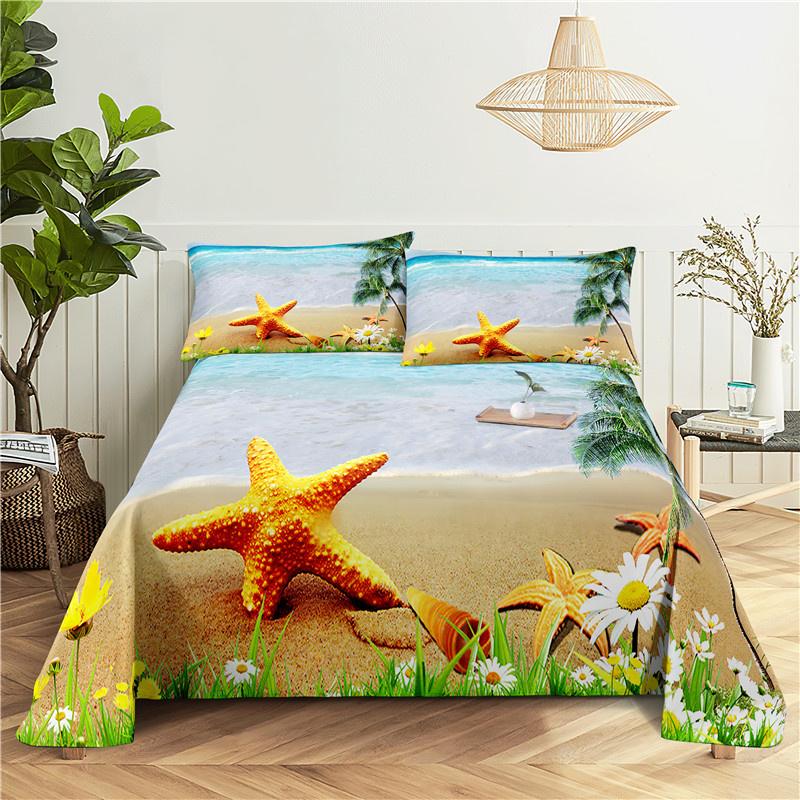 2/3Pcs Beach Bedding Sheet Home Digital Printing Polyester Bed Flat Sheet With Pillowcase Print Bed Sheet