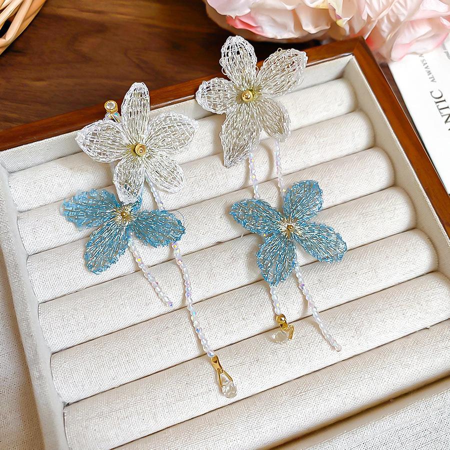 Silver Needle Fabric Flower Glass Fringed Earrings Medium Antique Temperament Stud Earrings Design Sense Niche Earrings