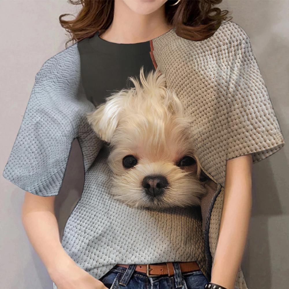 Summer Round Neck 3D Dog Printed Top Fashionable Casual Short Sleeved Women's T-shirts