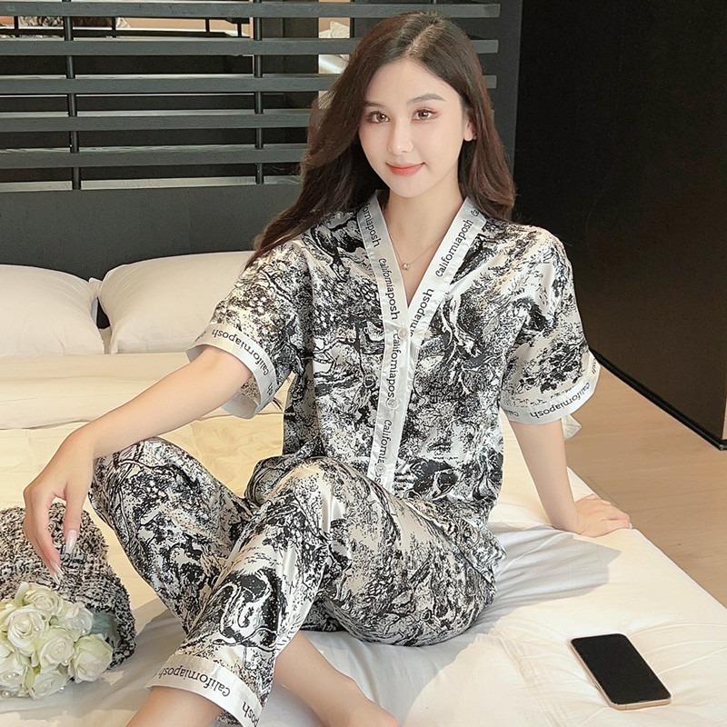 Women Pajamas Set Silk Nightwear Ladies Summer Kimono Short Sleeve Trousers Cartoon Cardigan Premium Sleepwear Loungewear