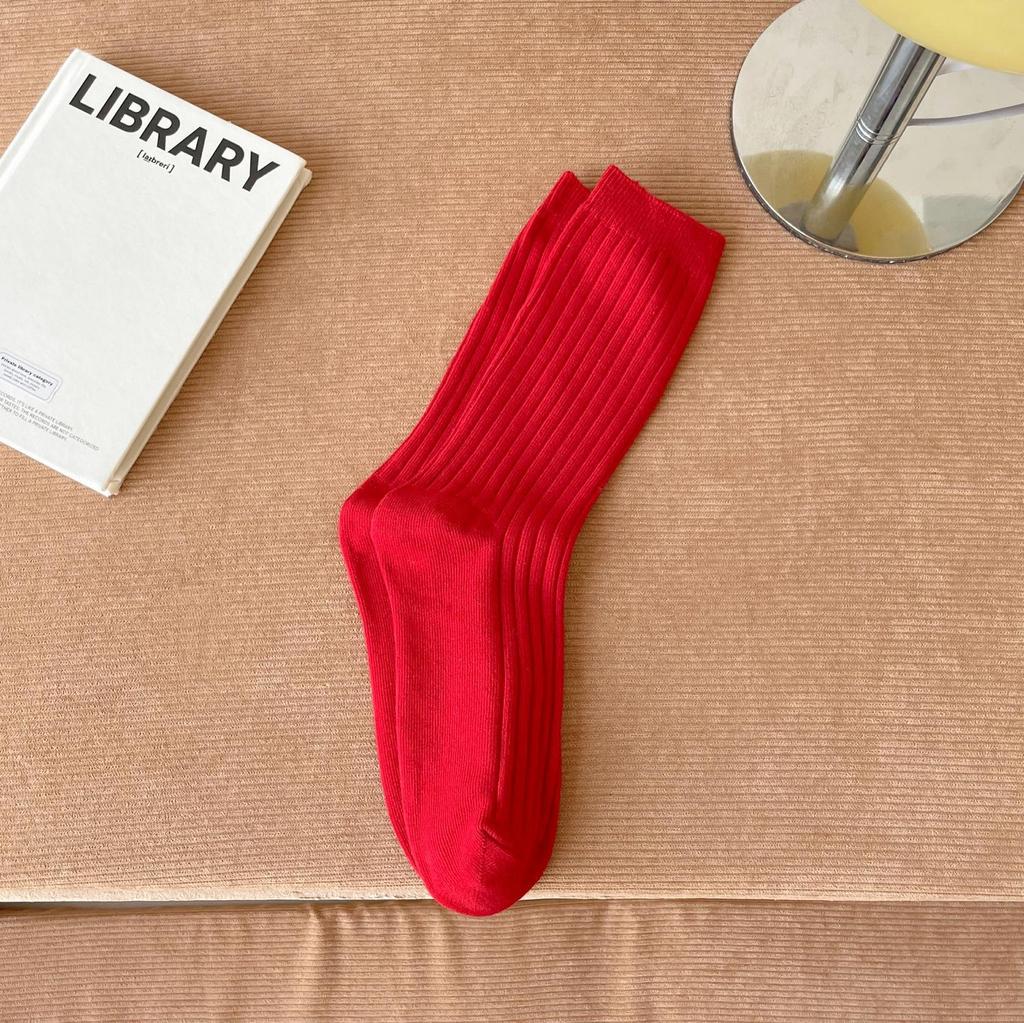 Dámské ponožky ze 100% čisté bavlny do půlky lýtek, trendy korejský styl, jednobarevné, dvoujehlové, podzimní/zimní svislý proužek, podkolenky s volným lemem