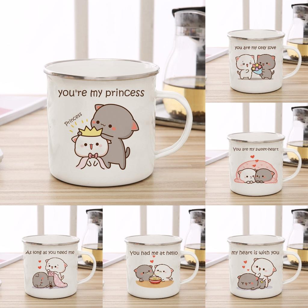 New Peach and Goma Cat Enamel Coffee Tea Cup Cute Animal Breakfast Dessert Milk Water Cup Couple Gift Original Breakfast Cups