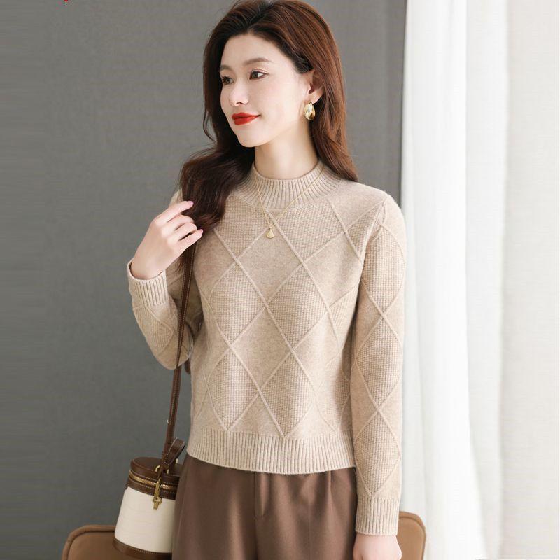 

Короткий стиль клетчатый жаккардовый полувысокий воротник осенне-зимний свободный свитер основа вязаный свитер 2XL хаки