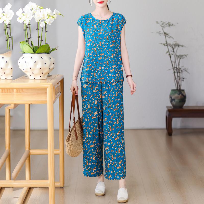 Plus Size Summer Pants Sets for Women Elegant Loose Vintage Print 2 Piece Outifts