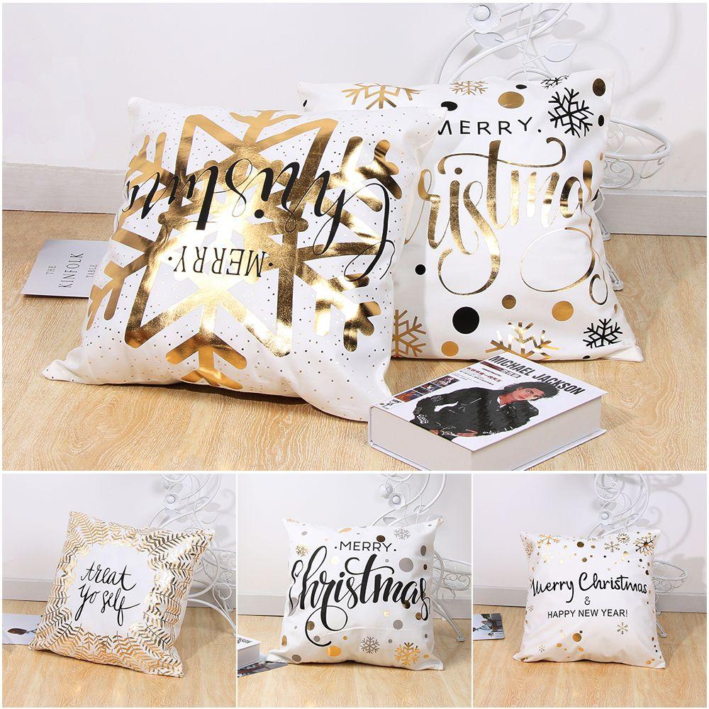 Hot Bronzing Soft Sofa Waist Square Pillowcase Cushion Cover Gold Print Merry Christmas