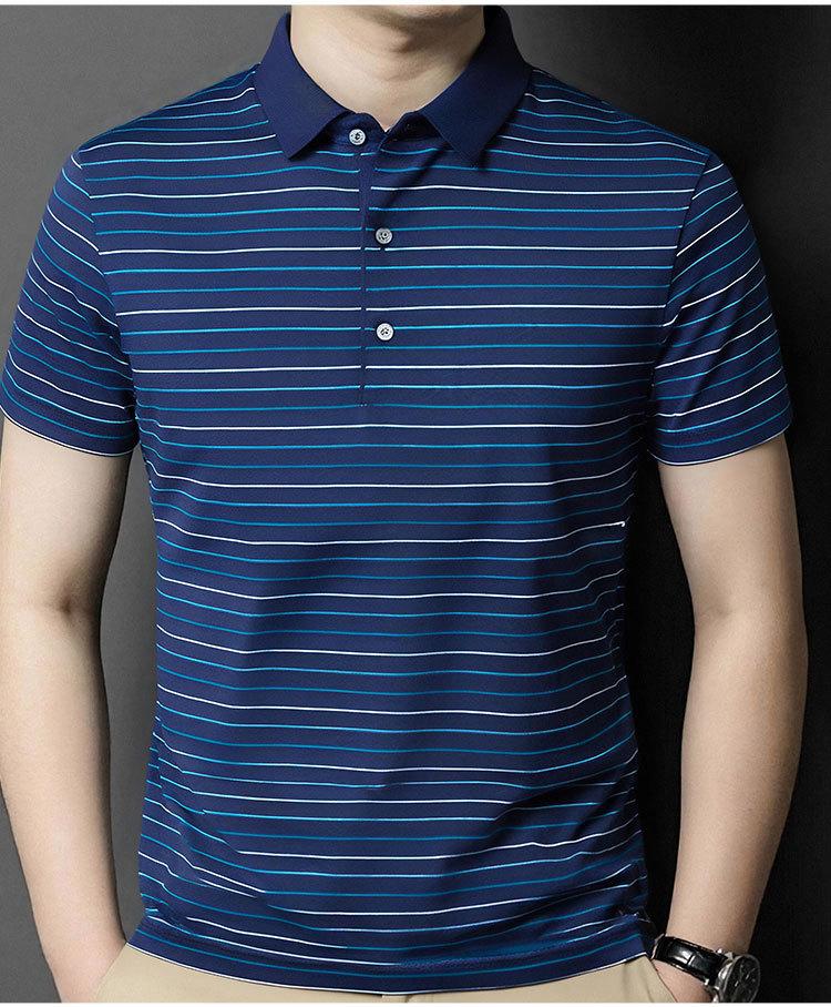 Men's Light Luxury Color Woven Striped Short-Sleeved Polo Shirt with Mulberry Silk