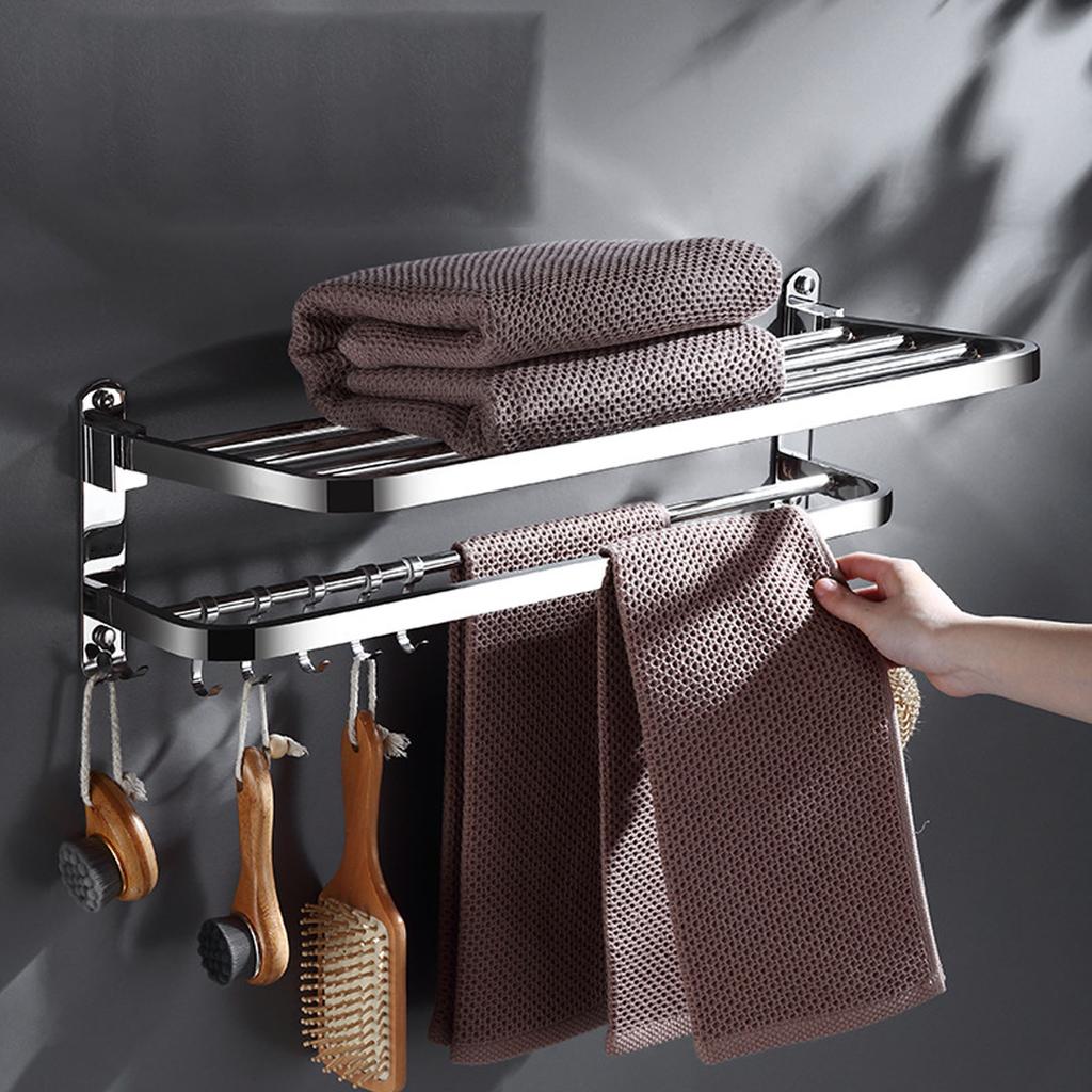 Double Towel Rack Foldable Adhesive 304 Stainless Steel Wall Towel Shelf with Hooks for Bathroom