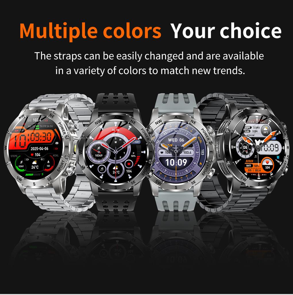 SACOSDING 800mAh Akku mit großer Kapazität Smartwatch Herren Outdoor Kompass Taschenlampe IP68 Sport Fitness Sprachanrufe Herren Smartwatch