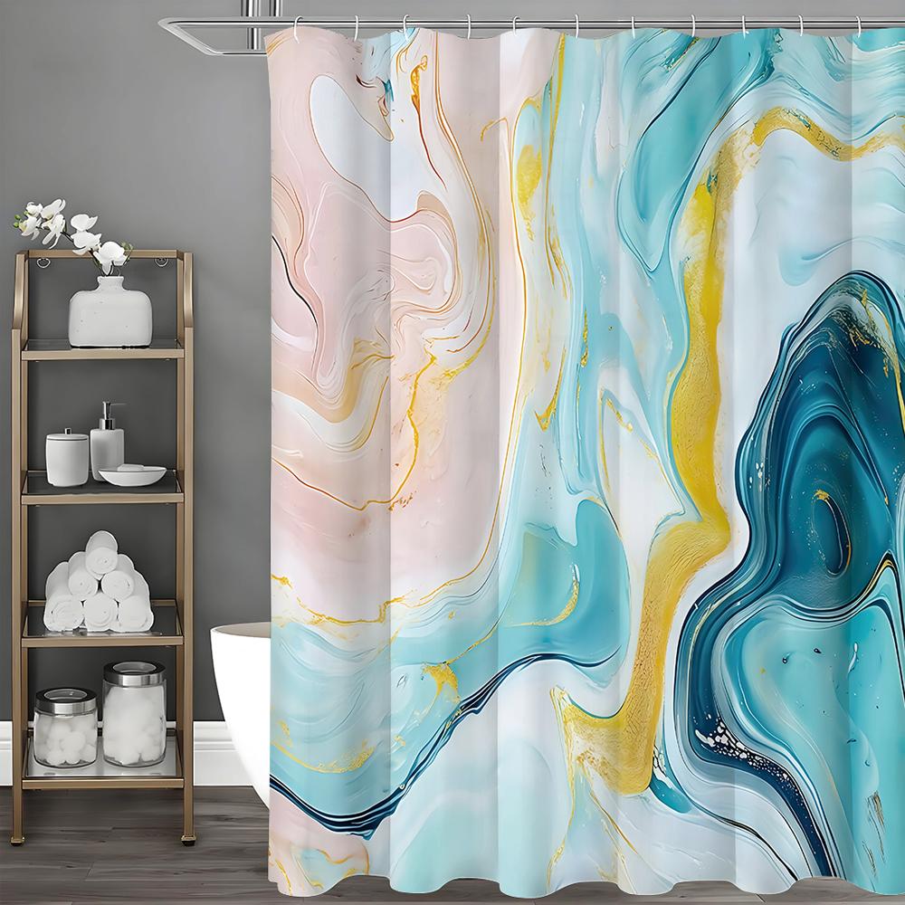 Marble Pattern Powder Blue Yellow Flowing Shower Curtain, Bathroom Decorative Shower Curtain, Waterproof Shower Curtain with Hoo