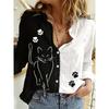 Chemise Femme Mode Printemps Couleur Contrastée Patchwork Chemisiers Hauts Tempérament Manches Longues Impression Chat Chemises