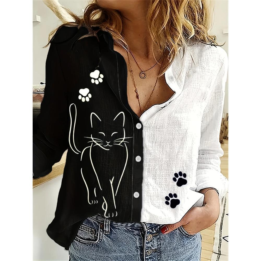 Women's Shirt Spring Fashion Clashing Color Patchwork Shirt Tops Blouse Temperament Sense Long Sleeve Cat Print Shirts