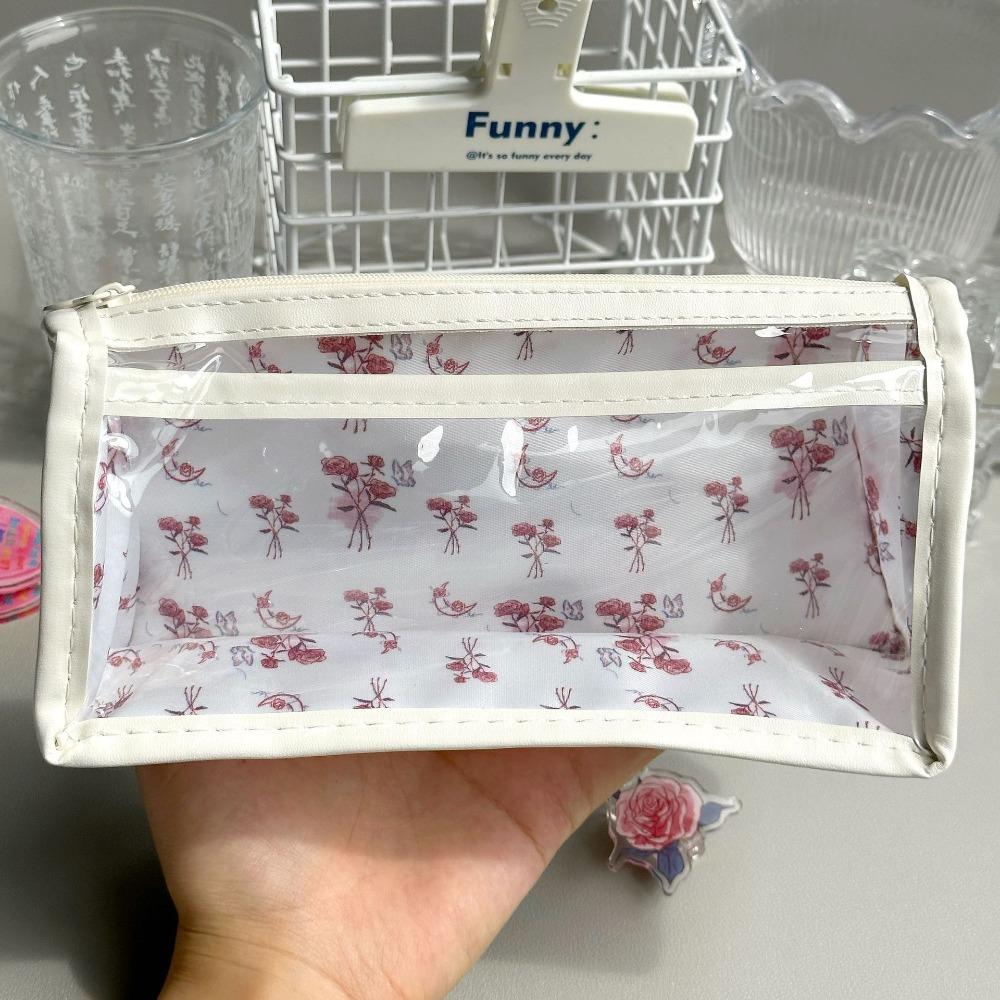 High Quality Butterfly Floral Print Pen Bag Transparent Double Layer Stationery Bag Large Capacity Pencil Case School Office