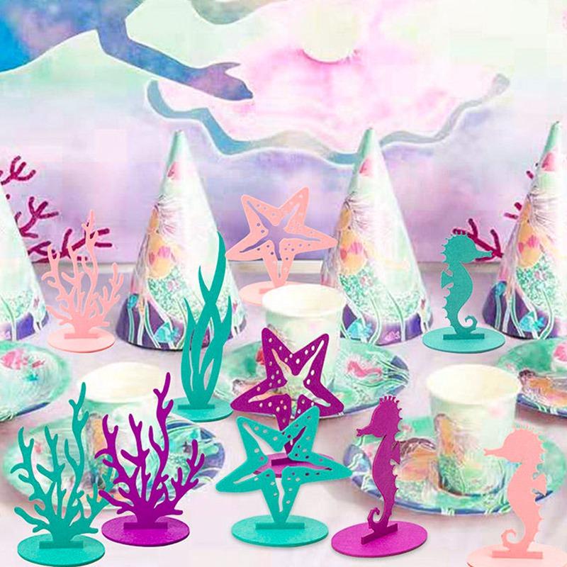 6Pcs Little Mermaid Theme Party Decorations DIY Felt Coral Table Ornament Under the Sea Girl Birthday Party Supplies Baby Shower