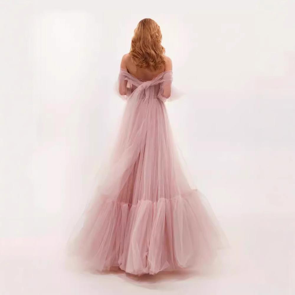 New European and American women's clothing one-word shoulder mesh long-sleeved wedding dress big swing dress
