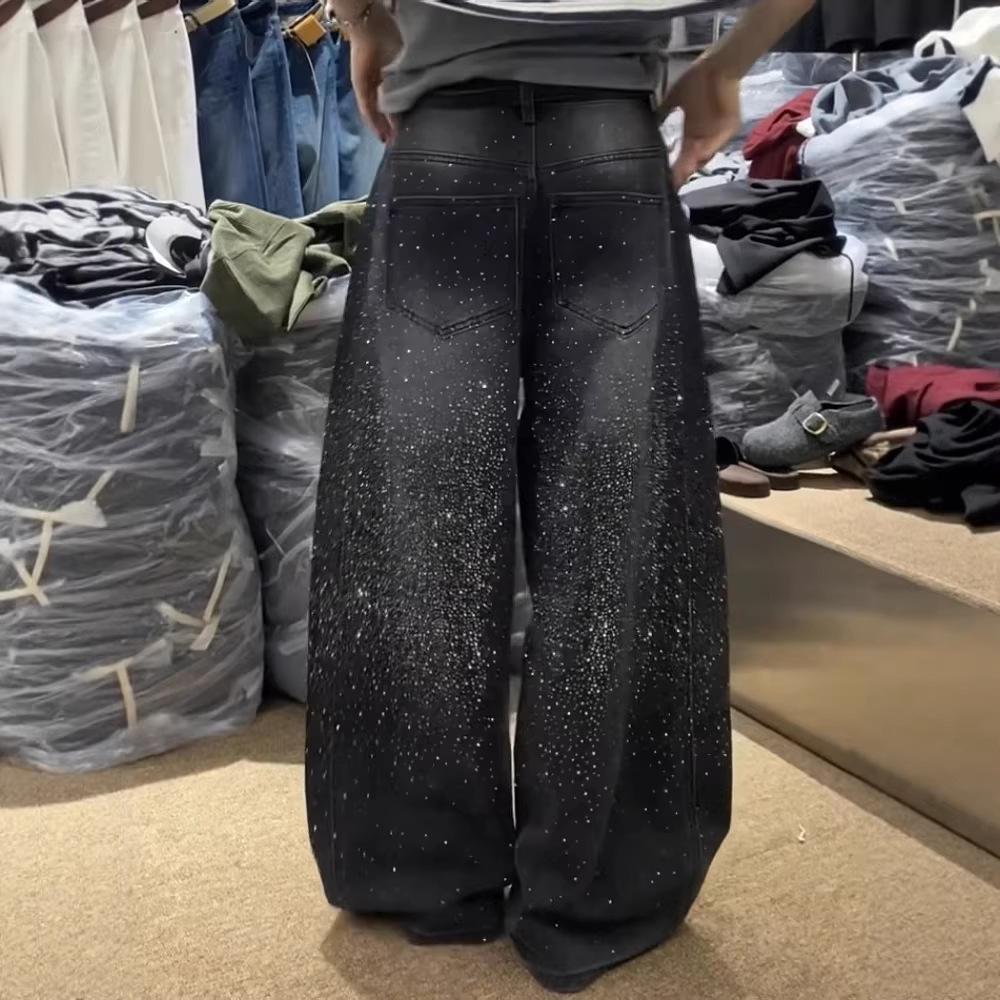 Glittering Rhinestone Denim Pants Women's Jeans New Wide Leg Design Sensation Floor-Length Pants Loose Jeans