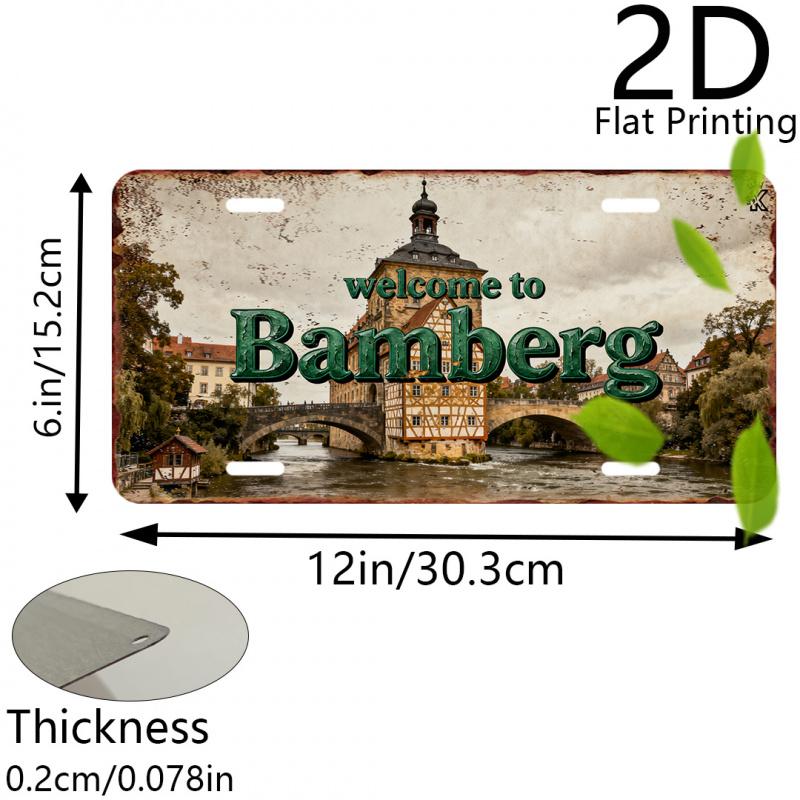 2D Flat,Vintage Aluminum Plaque, Decorative Plaque and Ornament, Bamberg, Vintage City Decor, Vintage Architectural Art