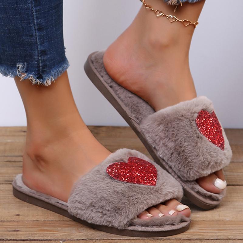 Fashion Fashion Heart Shaped Sequin Plush Slippers Women Open Toe Faux Fur Indoor Home Slides Woman Autumn Winter Fluffy Flat Slippers