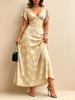 Omen's Beige Base Yellow Abstract Spot Print V-Neck Maxi Dress, Flutter Sleeve High Waist Elegant A-Line Dress