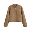 New Retro Round Solid Color Collar Imitation Leather Jacket