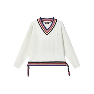 Striped V-Neck Pullover Knit Sweater Women Sweater Steam-White F11W411403F-IV