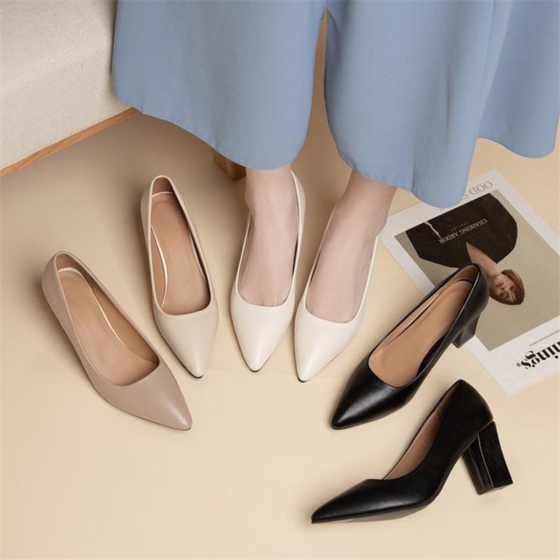 New Korean Style Black Pointed Toe Low-cut Block Heel Pumps, Slip-on Simple Professional Women's Shoes