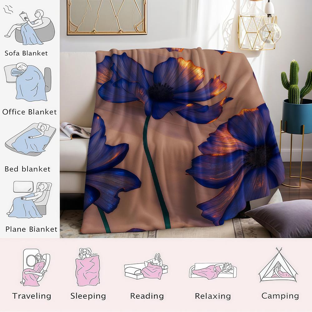 Blue Flowers with Golden Accents Flannel Blanket Warm Soft Halloween Christmas Couch Warm Cozy Decorative Decor for All Season