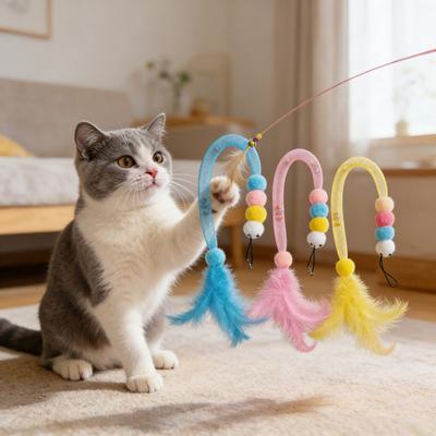 Cat Wand Toy Replacement Cute Caterpillar with Colorful Plush Balls And Feathers Elastic Net Tube Cat Toy Accessory for Kittens Interactive Wand Toy