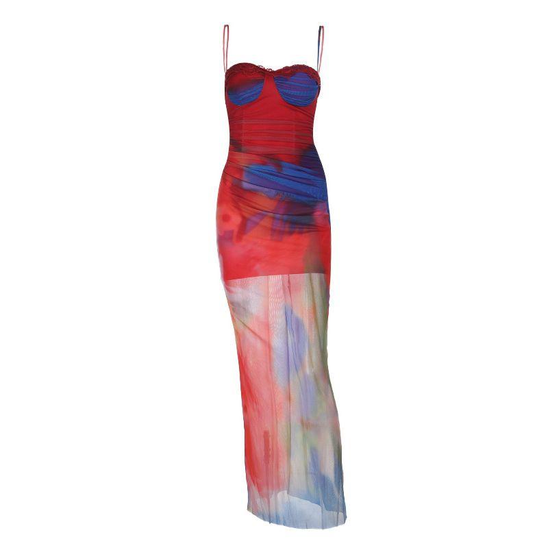 Xiaoke Wiwi Western Style Mesh Ink Painting Print Sling Vacation Dress Summer Fishbone Slim Fit Sheath Long Dress