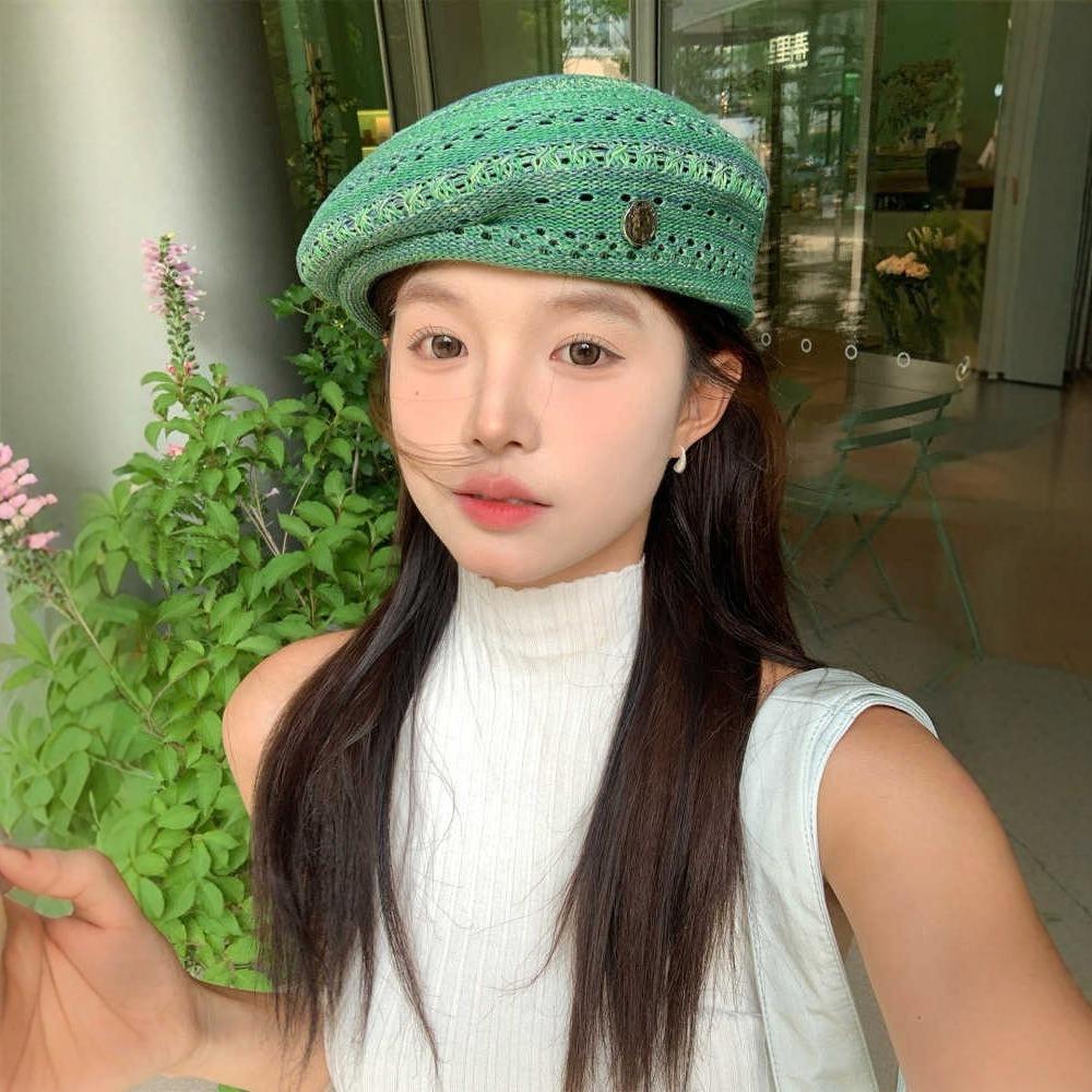 Japanese Style Hollowed Out Beret Hat Fresh Color Thin Weave Painter Hat Vintage Crochet Knitted Elegant Beach Cap Women Girls