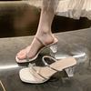 Transparent high-heeled slippers women's 2025 summer outer wear new fashion square crystal thick-heeled cool slippers