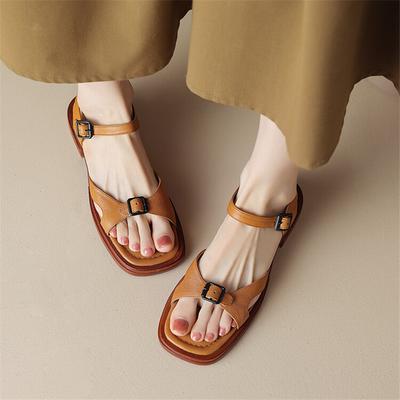 Mode 2025 NEU Sommer Damen Sandalen Echtes Leder Klobiger Absatz Schuhe Eckige Zehenpartie Niedriger Absatz Schuhe für Damen Rindslederschuhe Handgefertigt