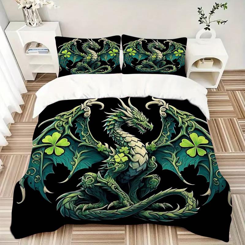 3pcs Green Clover Dragon Bedding Set 1 Soft Quilt Cover + 2 Pillowcases,  Suitable for All Seasons.J062