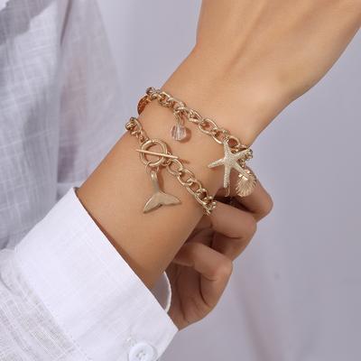 2pcs/set Gold Color Starfish Shell Bracelet for Women Girls Summer Beach Bracelets Chain Party Holiday Jewelry Gift