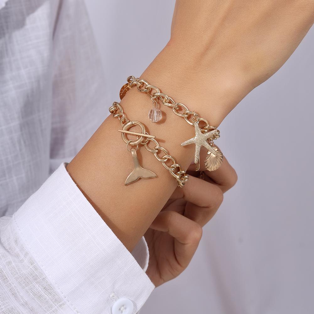 2pcs/set Gold Color Starfish Shell Bracelet for Women Girls Summer Beach Bracelets Chain Party Holiday Jewelry Gift