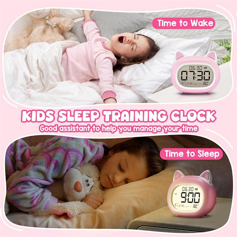 M-Modern-Cute Cat Alarm Clock With Night Light, Digital For Kids Alarm Clocks For Bedrooms, Routine Builder Pink
