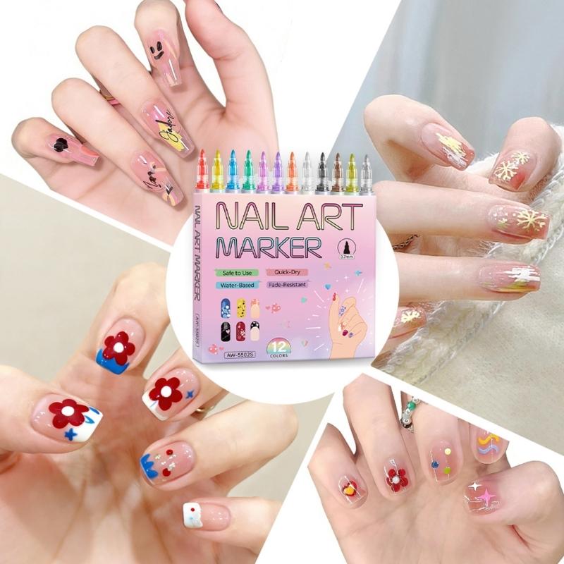 12 Color Quick Dry Nail Art Pens Fine Tip for Precise Drawing Not Require Lamp Water Based Safe for DIY Manicures