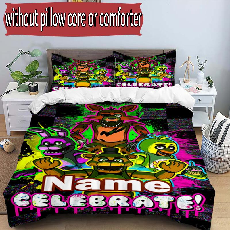 3pcs Duvet Cover Set (1*Duvet Cover + 2*Pillowcase, Without Core), Custom Name Five Nights At Freddy's Pattern Bedding Set, Home Bedroom Decor Gift