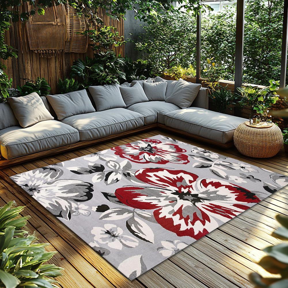 Red White Floral Bohemian Rug, Non-Slip Vintage Living Room Carpet, Soft Gray Background Floor Mat for Home Decor