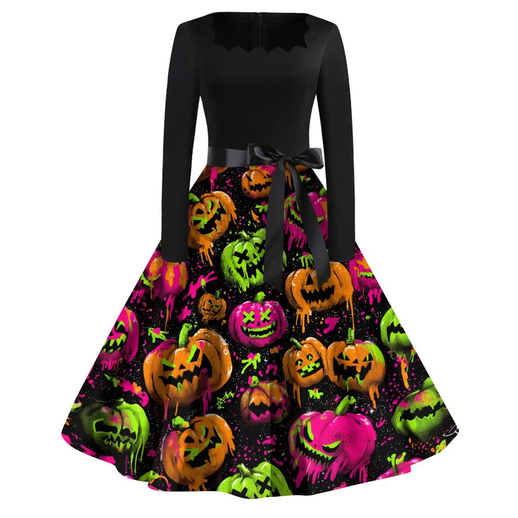 Women's Casual Vintage Halloween Print Square Neck Long Sleeve Dress with Waist Bow Tie Retro Style Flared Skirt