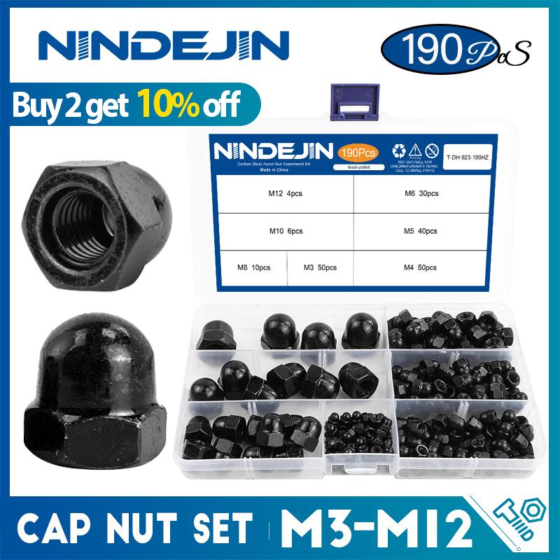 NINDEJIN 190pcs Cap Nut Set Black Carbon Steel M3 M4 M5 M6 M8 M10 M12 Hexagon Acorn Nut Cover Dome Nut