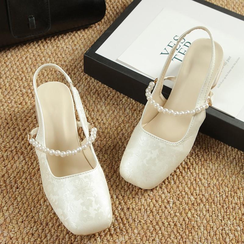 Fashion Women's Fashion Baotou Sandals Summer New Square Head Shallow Mouth Satin Beaded Slip-on Temperament Thick Heel Shoes