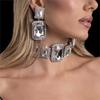 Fashion Style High-Key Dignified Super Flash Rhinestone-Encrusted Earrings Female Minimalist Fashion Rectangular Section Eardrop Necklace Suit