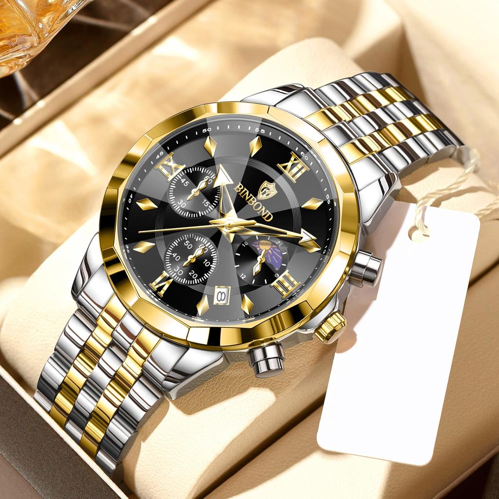 BINBOND Luxury Men's Watches Date Chronograph Stainless Steel Quartz Watch Waterproof Luminous Fashion Man Wristwatch