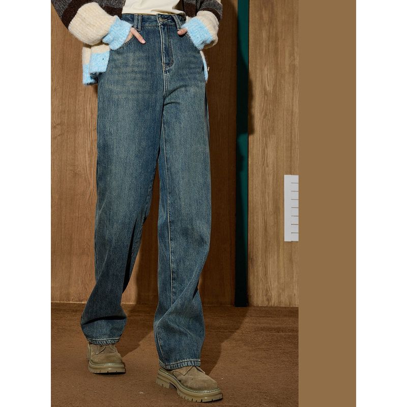 Coolhut Slimming Retro Washed Wide-Leg High-Waisted Loose Slimming Straight-Leg 2025 Winter Women's Jeans