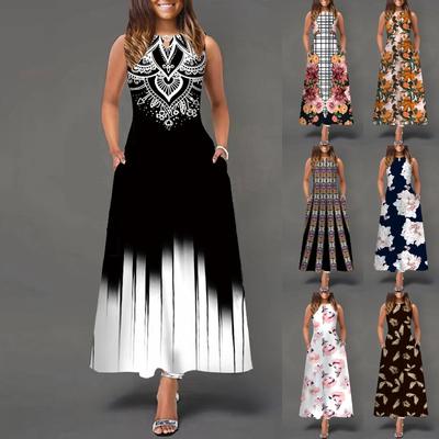 Women's Casual Printing Big Hem Dresswave Round Neck Sleeveless Long Dress
